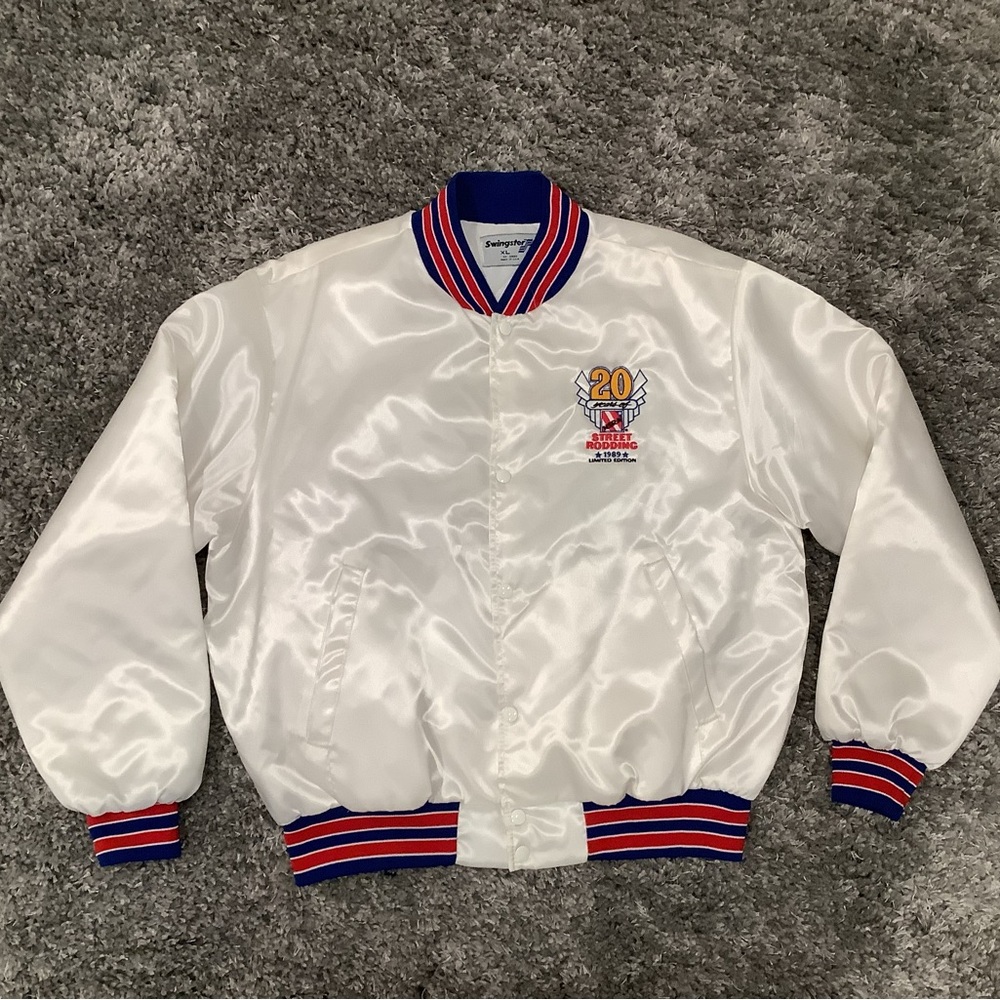 Vintage White Satin Bomber Jacket with Embroidered Logo
